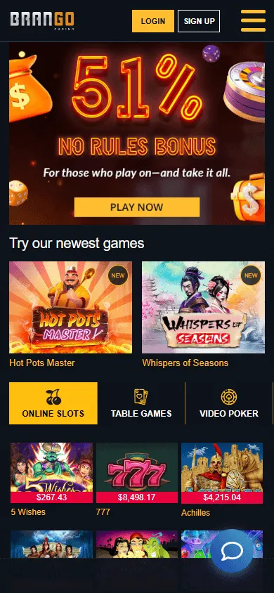 Brango Casino games area on a mobile device